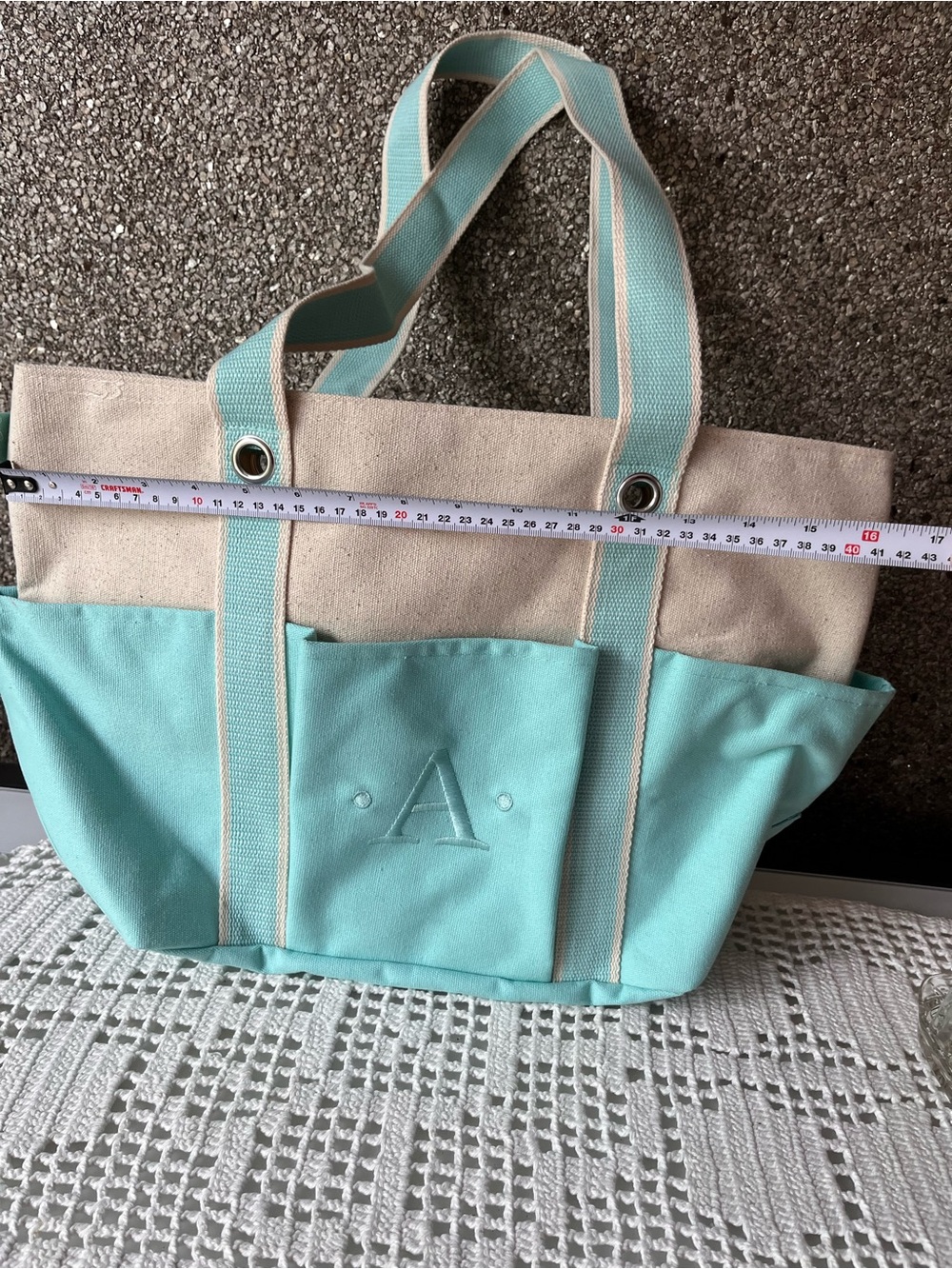 thirty-one Aqua and Cream Canvas Tote with Embossed 'A'